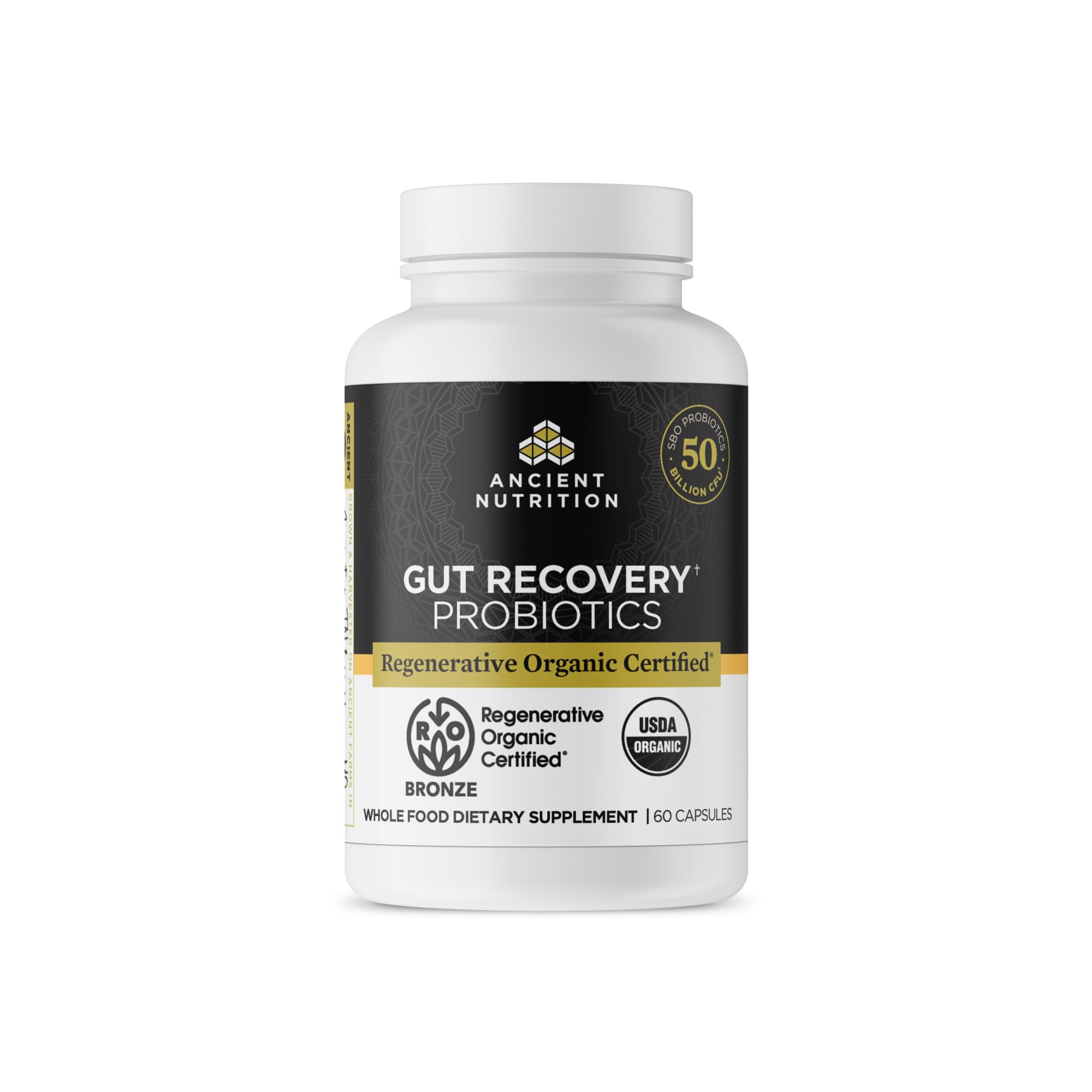 Ancient Nutrition frente del envase mostrando sello Regenerative Organic y beneficio de confianza