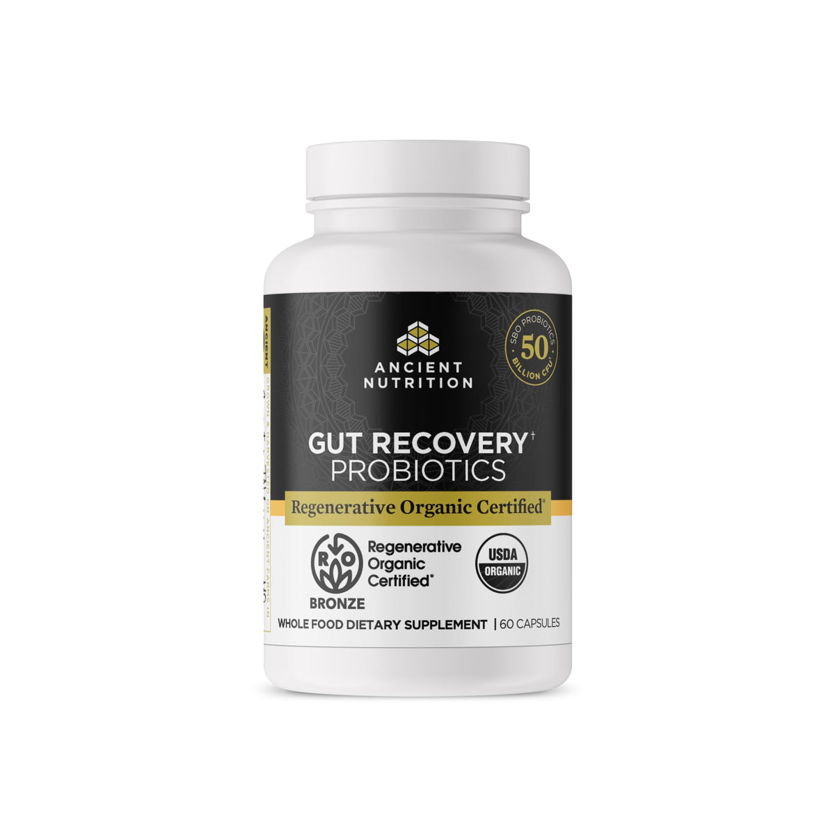 Ancient Nutrition frente del envase mostrando sello Regenerative Organic y beneficio de confianza