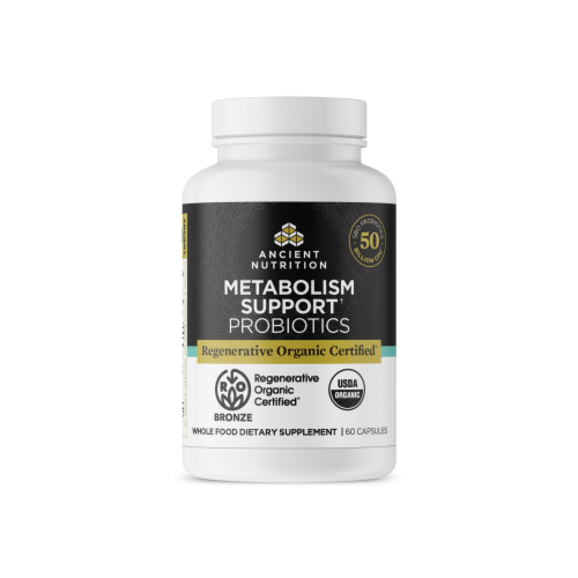 Ancient Nutrition envase frontal mostrando 60 cápsulas y beneficios de diversidad