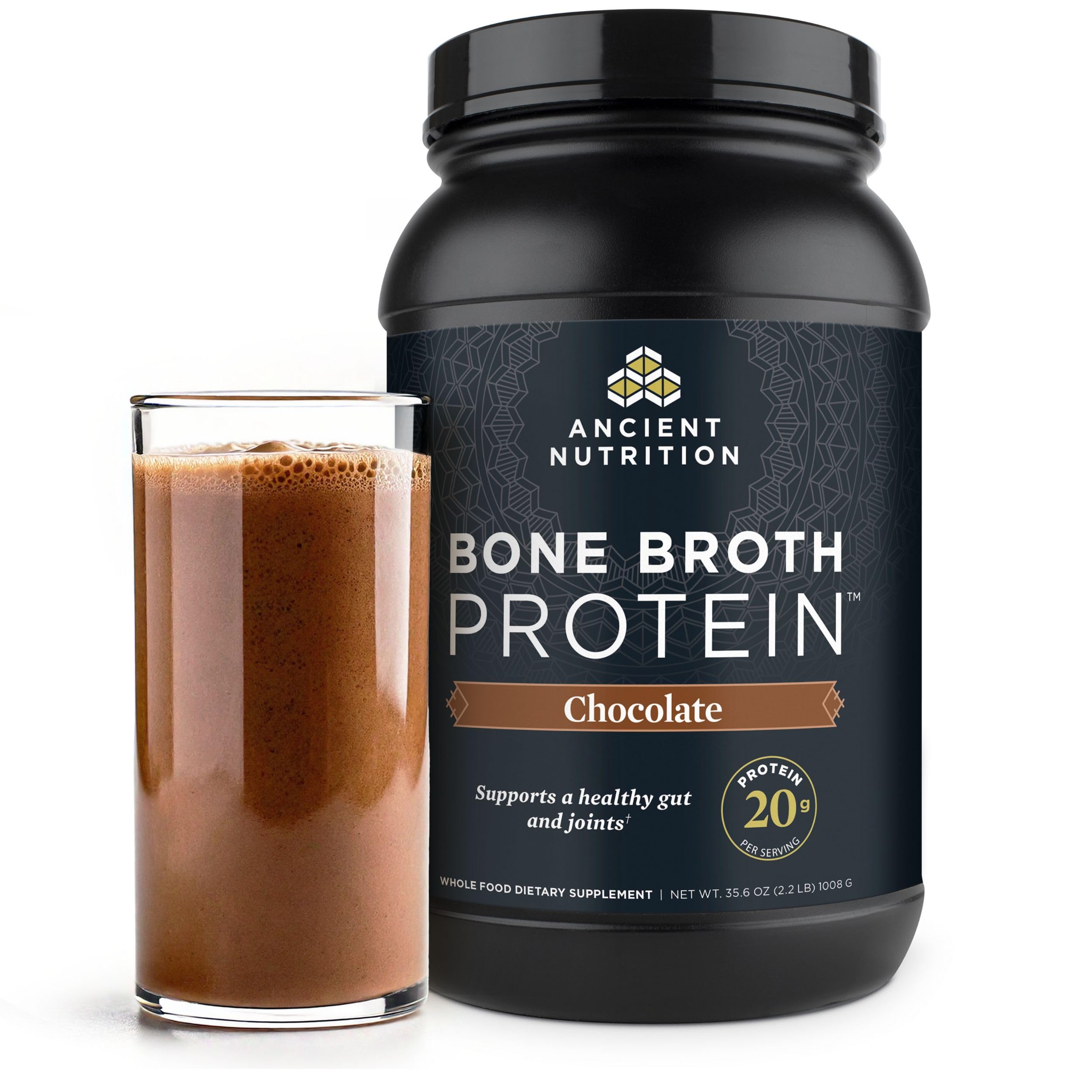Ancient Nutrition envase frontal mostrando sabor chocolate y 40 porciones