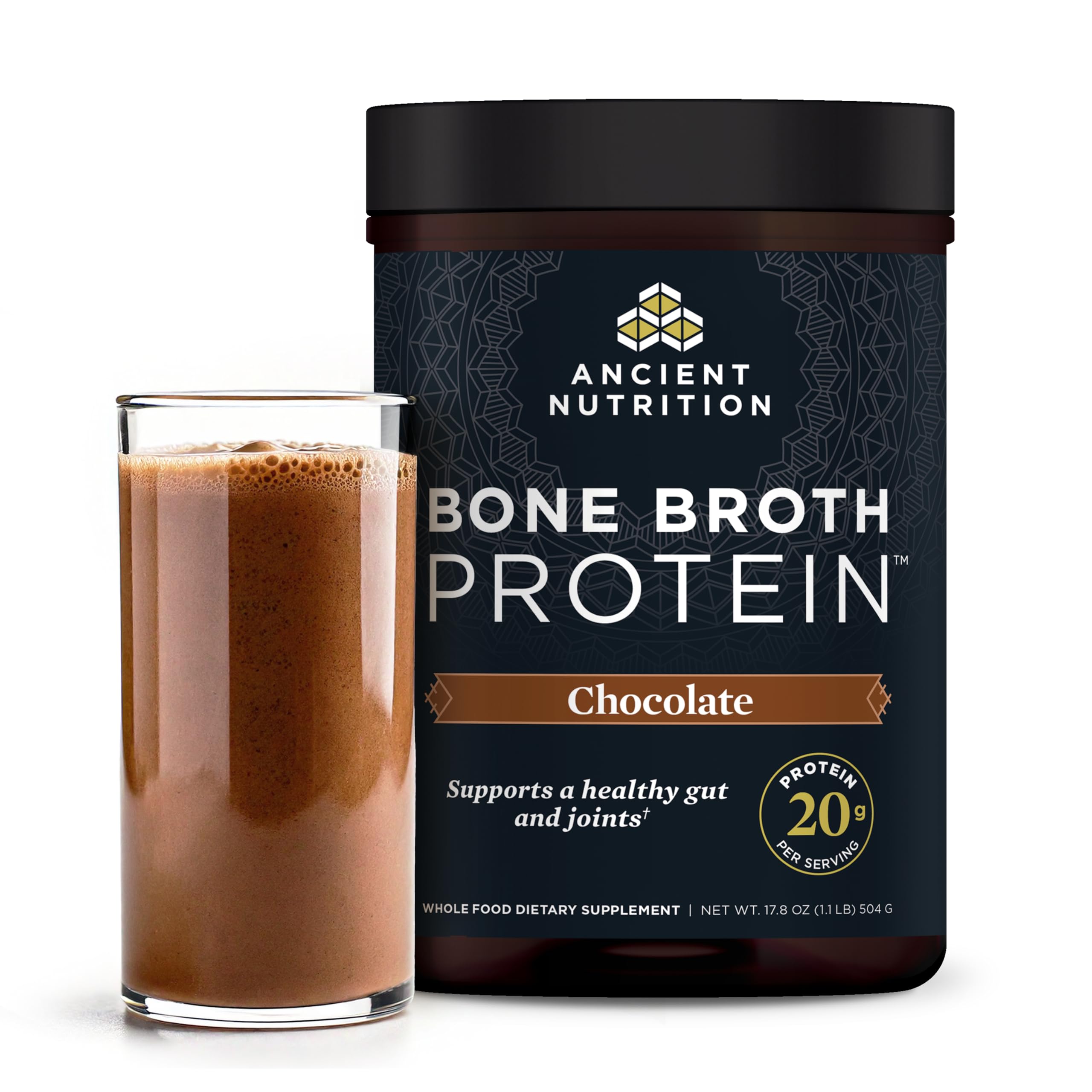 Ancient Nutrition frente del envase mostrando sabor chocolate y formato