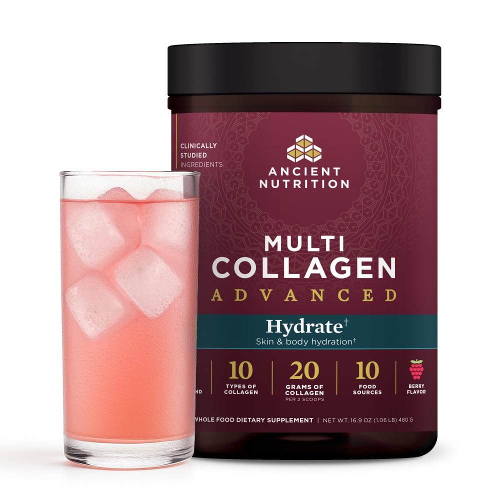 Ancient Nutrition envase frontal de Multi Collagen Hydrate mostrando sabor mixed berry y beneficios de hidratación