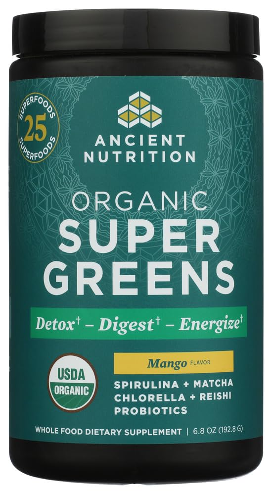 Ancient Nutrition envase frontal mostrando sabor mango y beneficios visibles