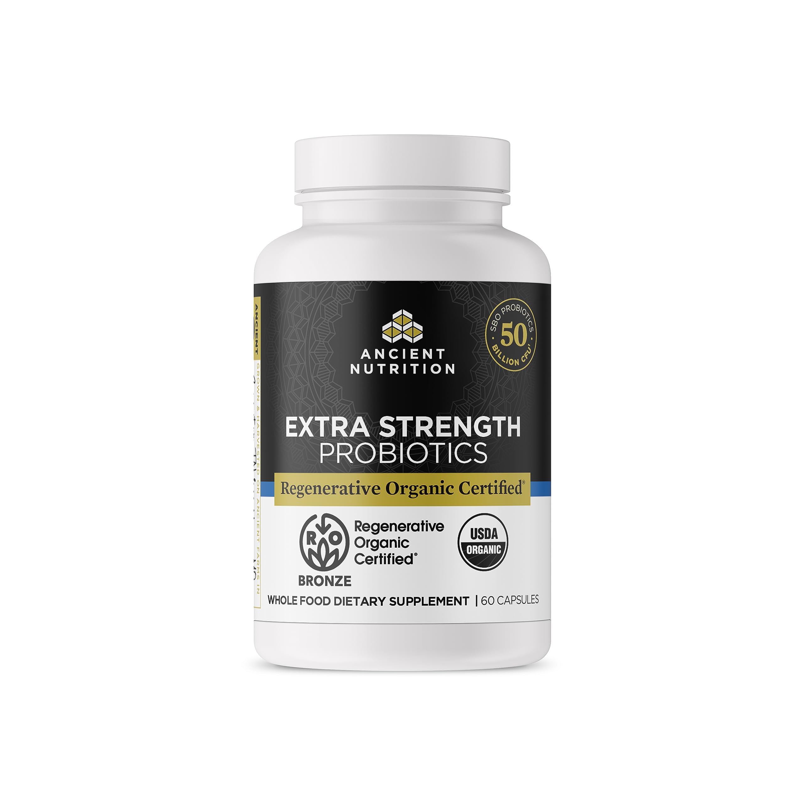 Ancient Nutrition frente del envase mostrando cantidad y fuerza extra