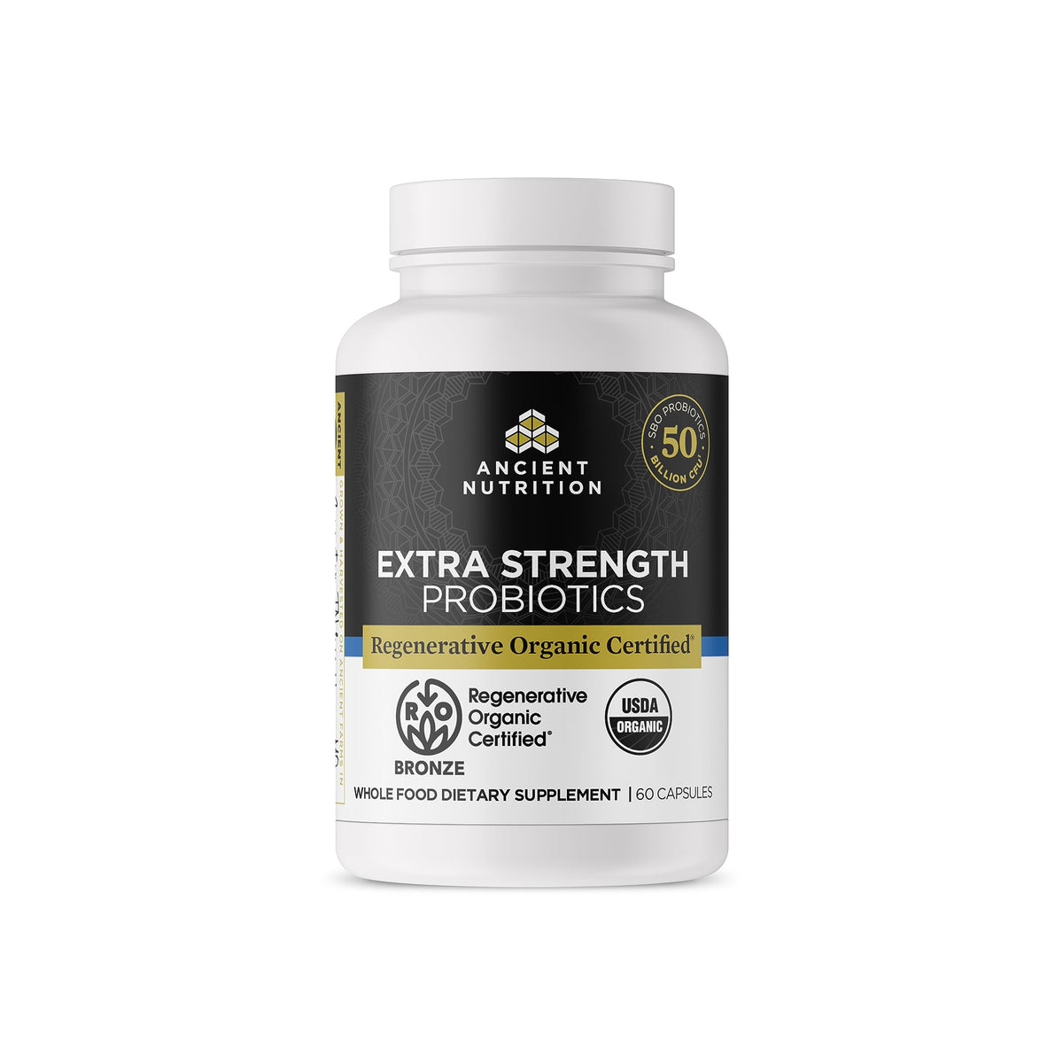Ancient Nutrition frente del envase mostrando cantidad y fuerza extra
