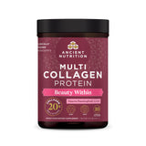 Ancient Nutrition frasco frontal mostrando etiqueta y sabor guava passionfruit, confianza de marca