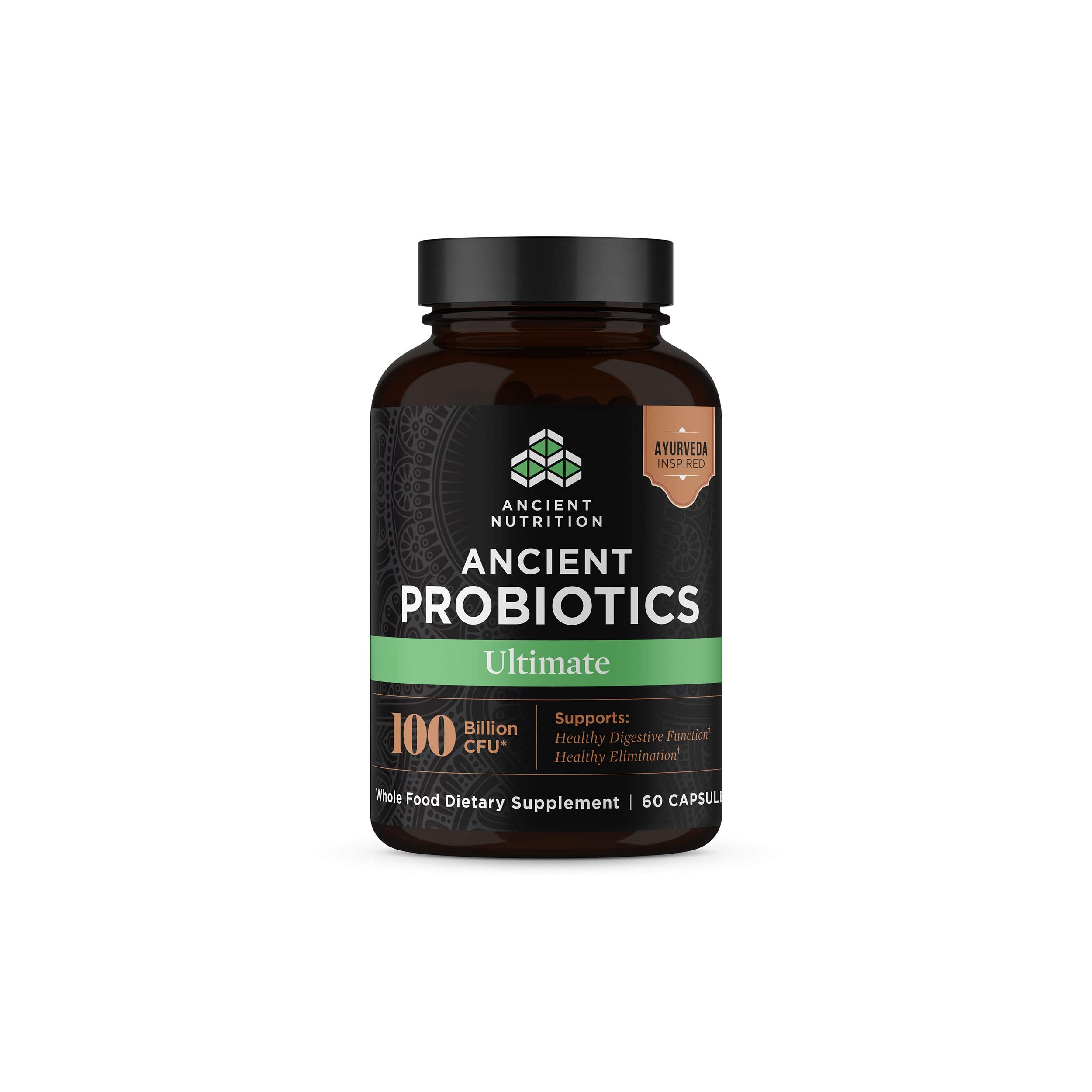 Ancient Nutrition vista frontal del envase que muestra 60 cápsulas y beneficios