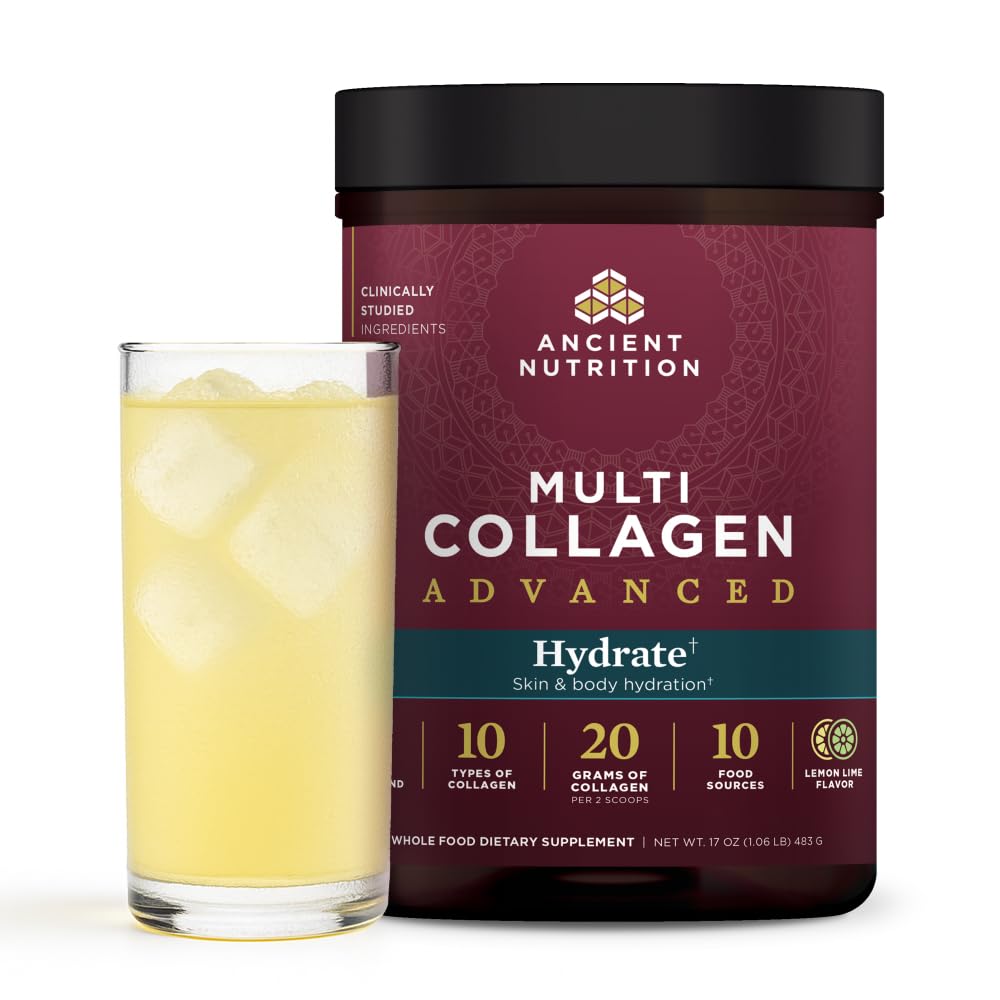 Ancient Nutrition empaque frontal mostrando sabor limón lima y ventajas hidratación