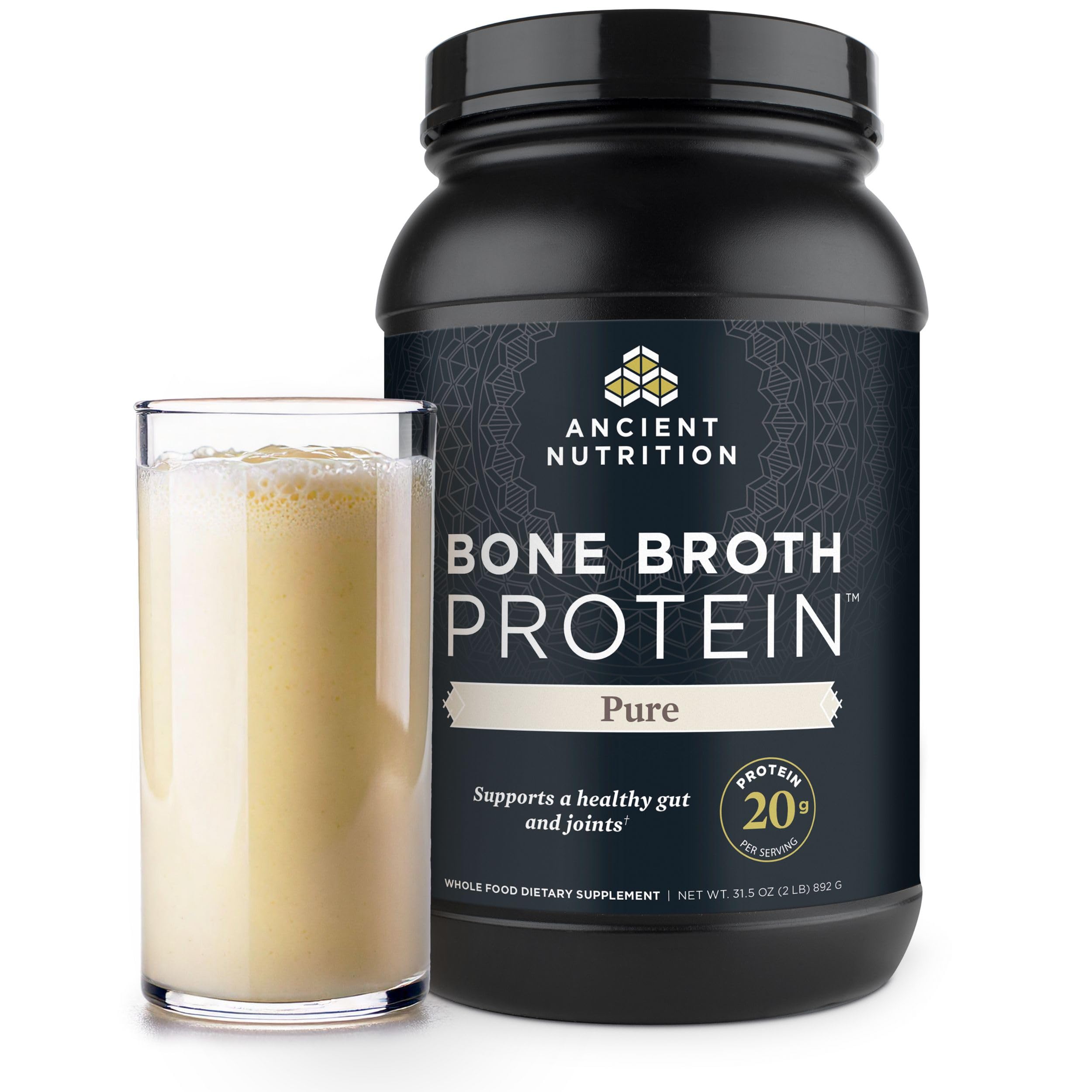 Ancient Nutrition envase frontal que muestra 40 raciones y proteína clara