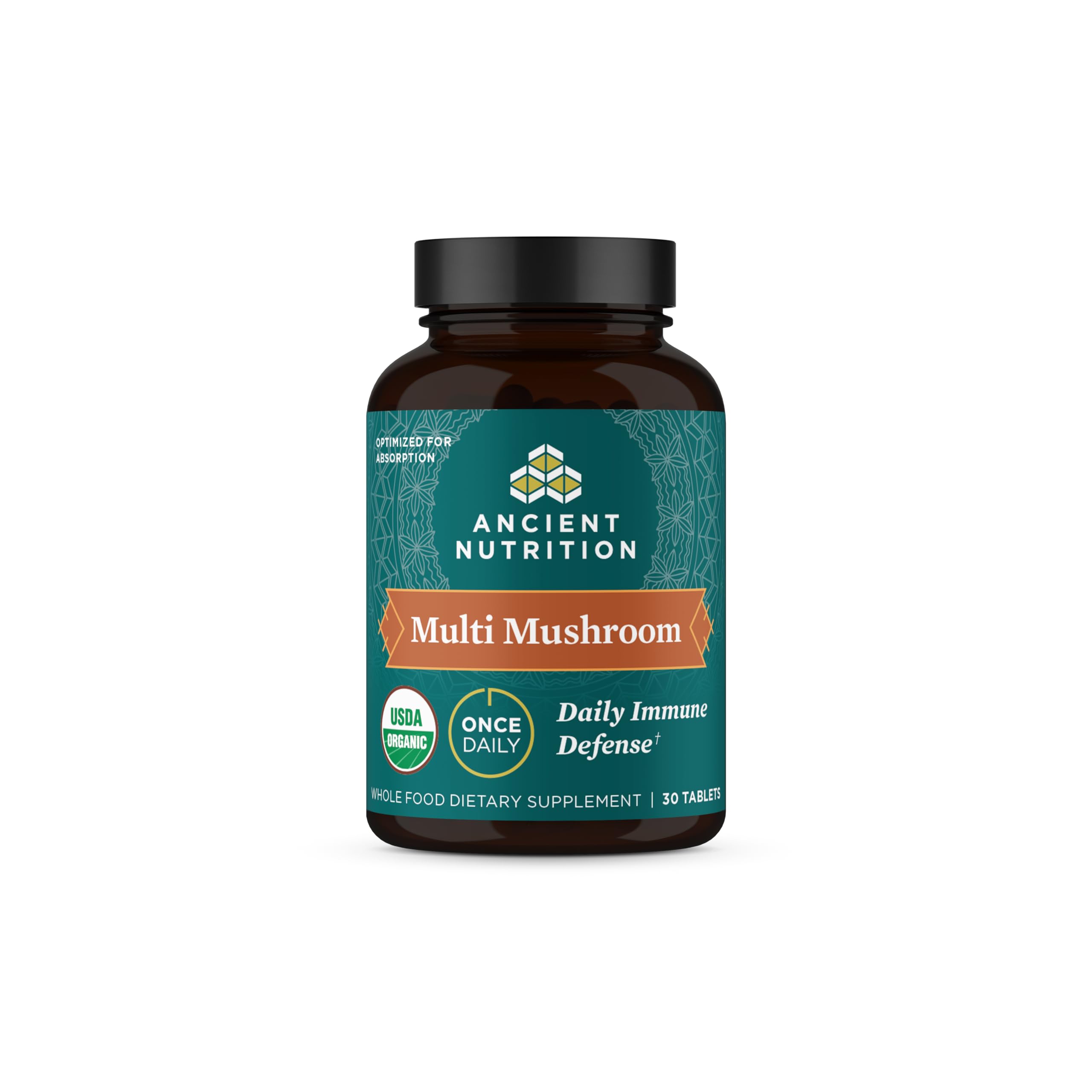 Ancient Nutrition frasco frontal mostrando el diseño y beneficio práctico