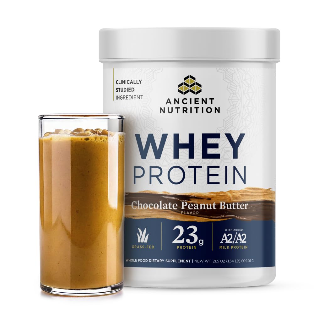 Ancient Nutrition envase frontal mostrando sabor chocolate cacahuate y beneficio proteico