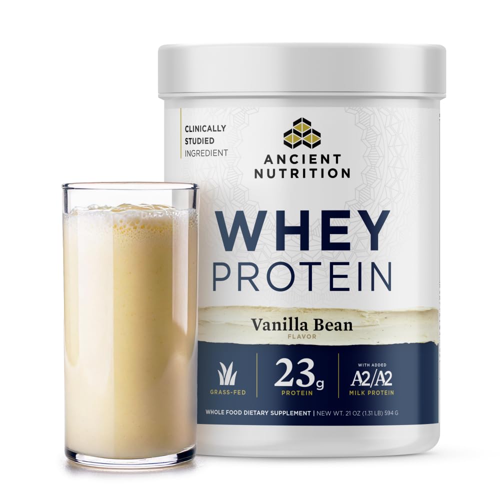 Ancient Nutrition envase frontal mostrando sabor Vainilla Bean y beneficios