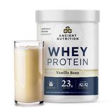 Ancient Nutrition envase frontal mostrando sabor Vainilla Bean y beneficios