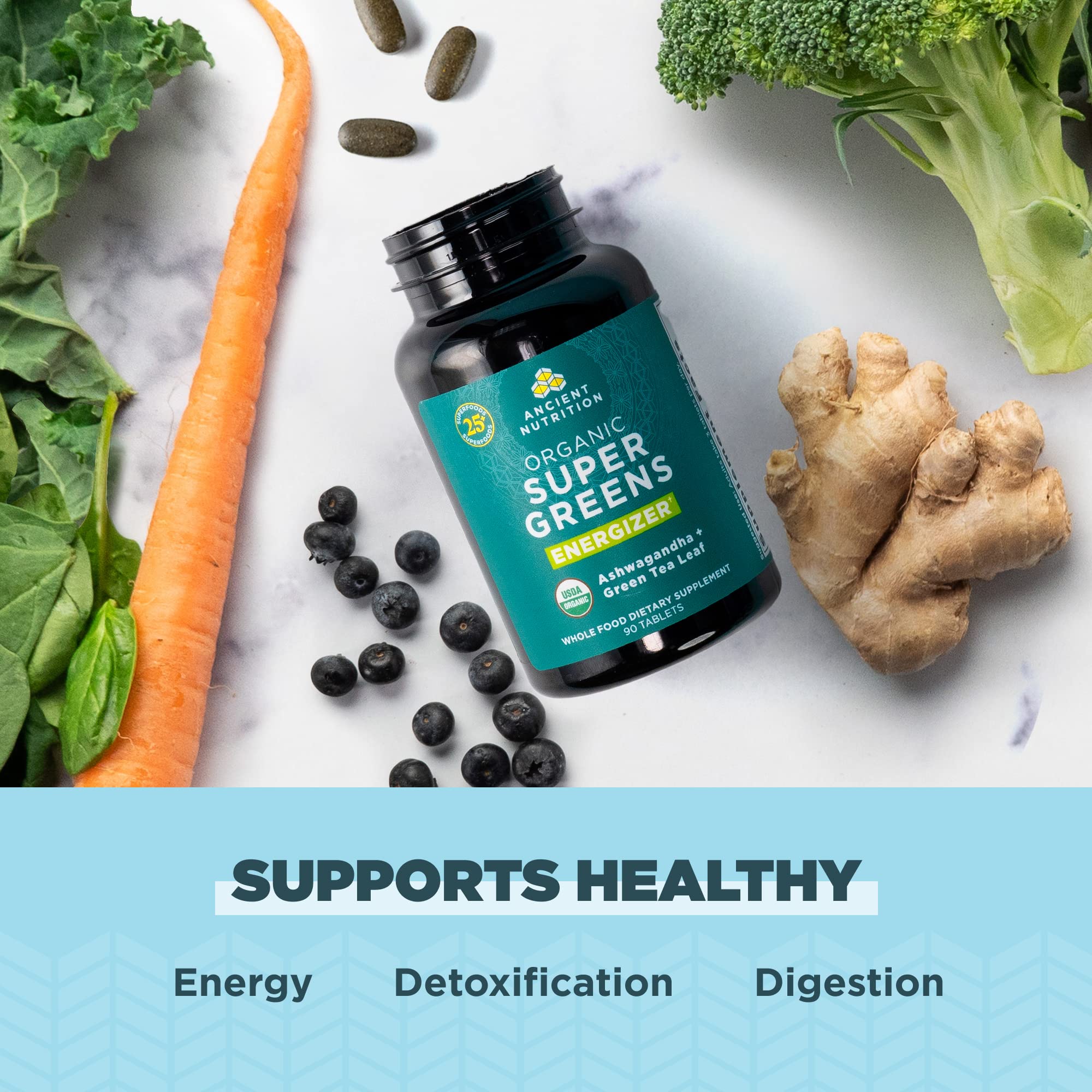 Ancient Nutrition grupo de frutas y verduras reales usadas en la fórmula, aporte natural