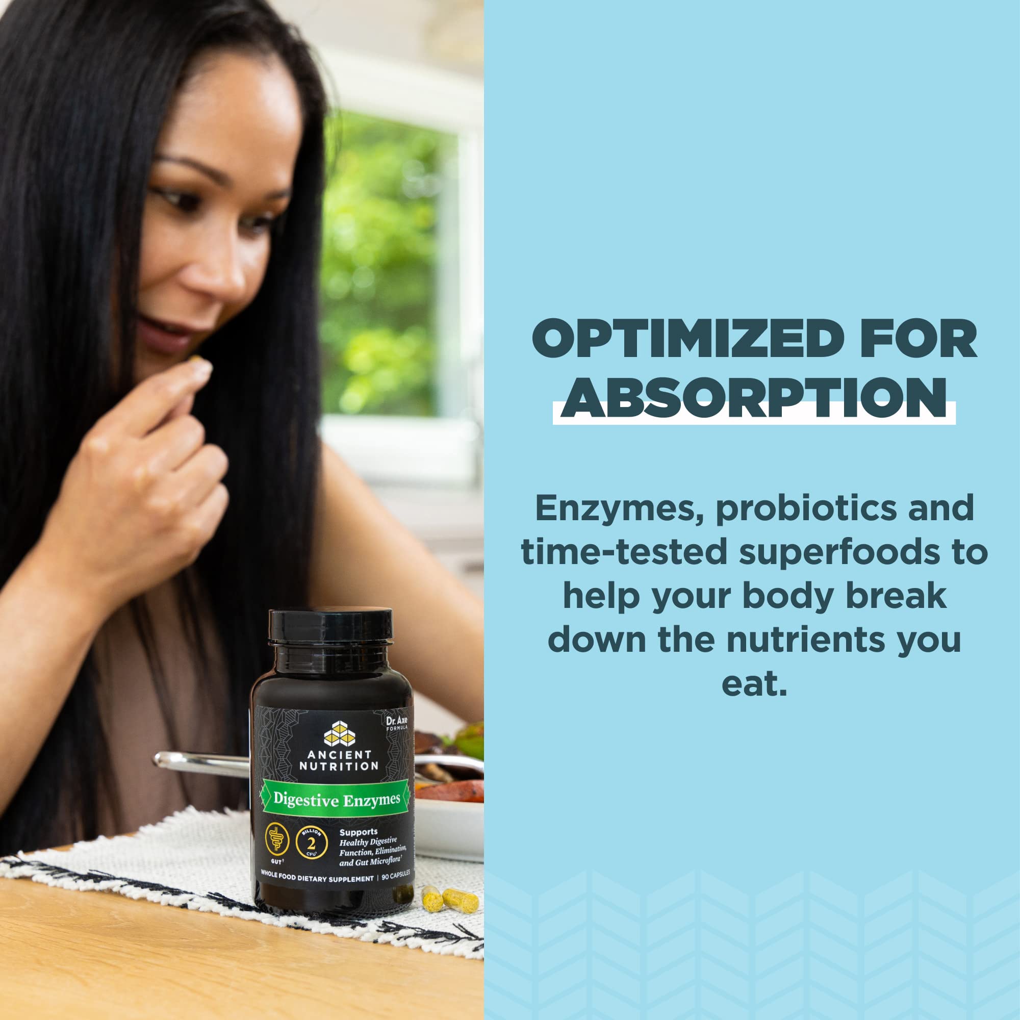 Etiqueta del producto Ancient Nutrition con lista de enzimas y beneficios visibles