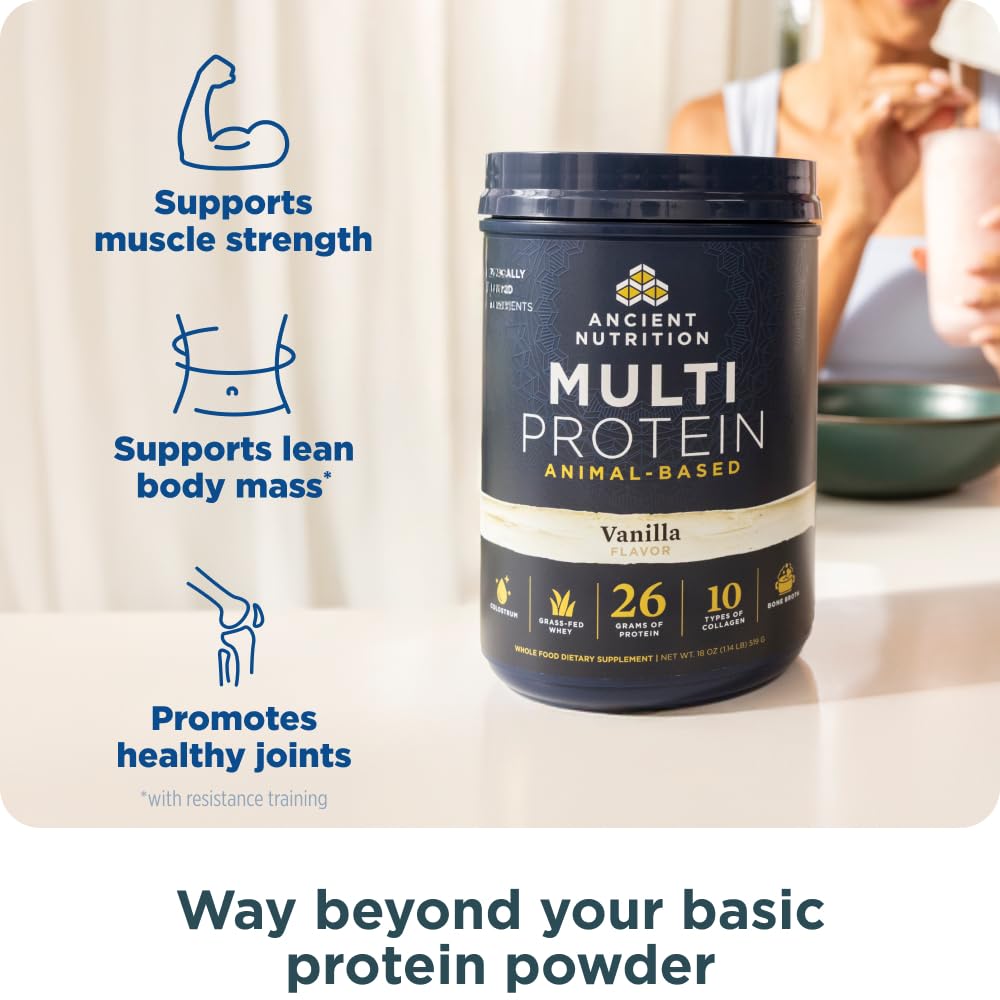 Ancient Nutrition ingredientes múltiples destacados para soporte muscular y articular