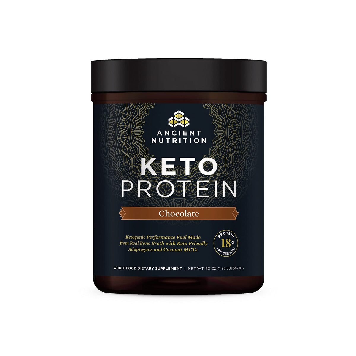 Ancient Nutrition envase frontal KetoPROTEIN mostrando sabor chocolate y beneficios