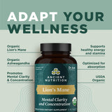 Ancient Nutrition frasco sobre mesa junto a bebida, sugiere uso diario