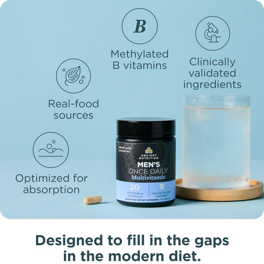 Ancient Nutrition toma de la cápsula con un vaso de agua ilustrando uso diario sencillo