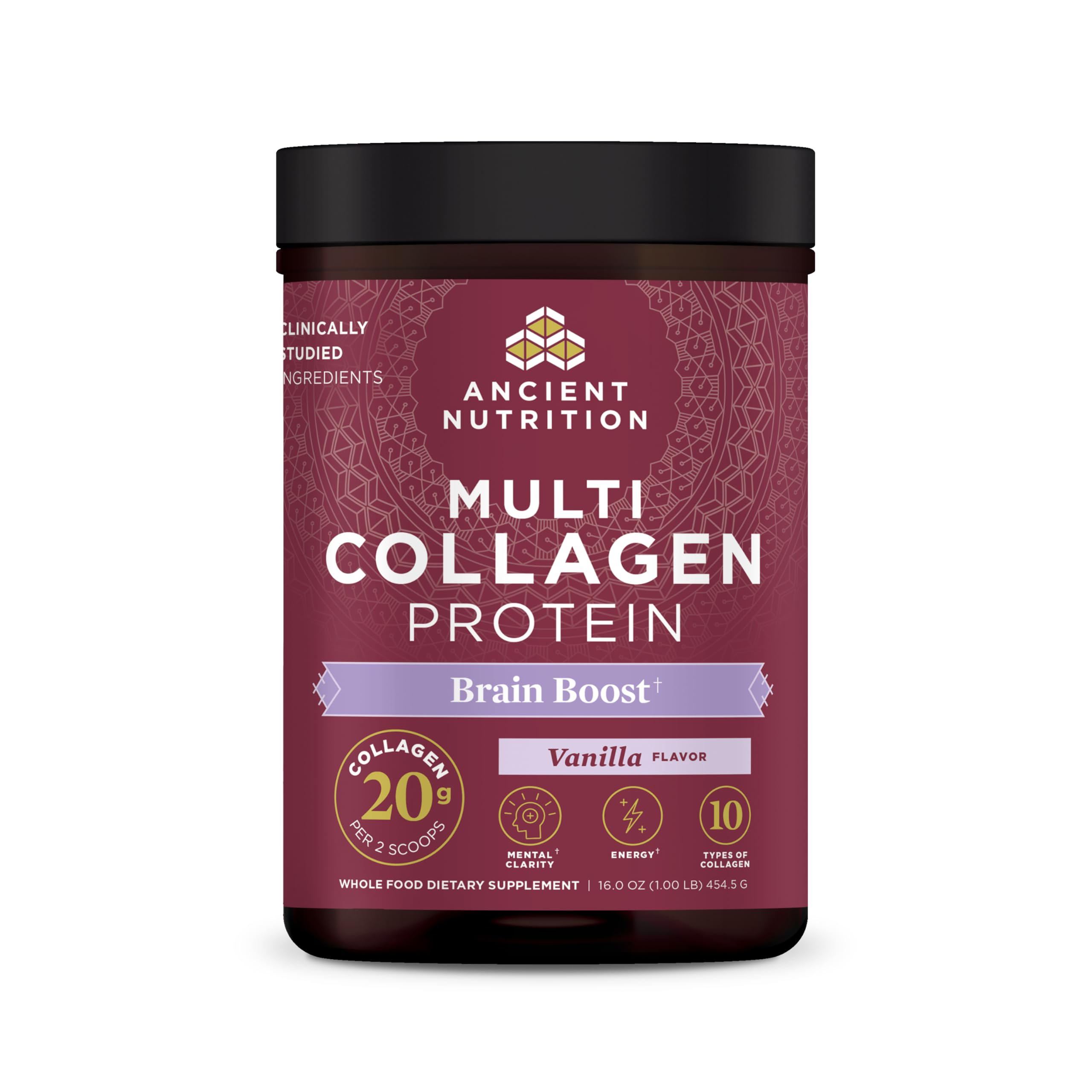 Ancient Nutrition envase frontal mostrando diseño y beneficio diario