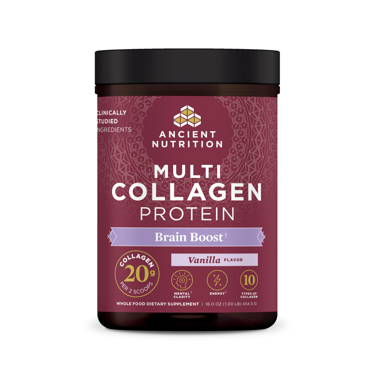 Ancient Nutrition envase frontal mostrando diseño y beneficio diario