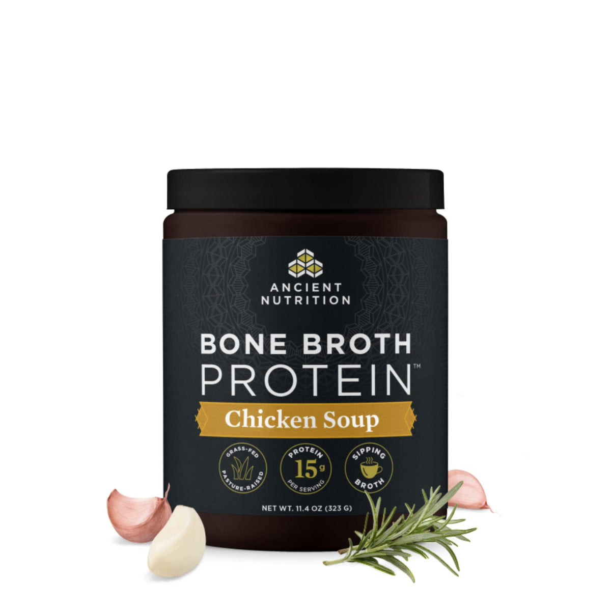 Ancient Nutrition envase frontal que muestra sabor Chicken Soup y beneficios proteicos