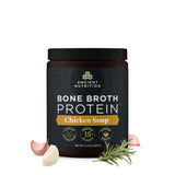 Ancient Nutrition envase frontal que muestra sabor Chicken Soup y beneficios proteicos