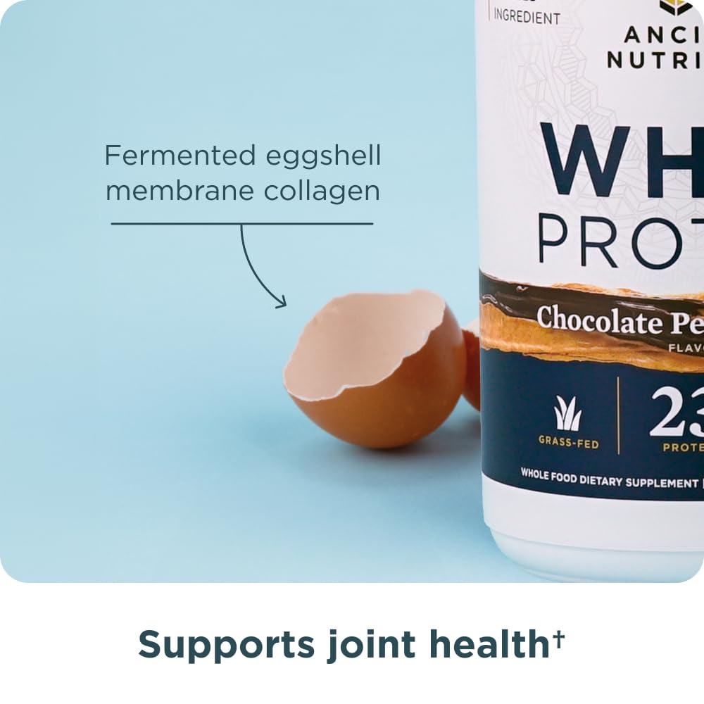 Ancient Nutrition cuchara medidora destacando 23 g de proteína por porción