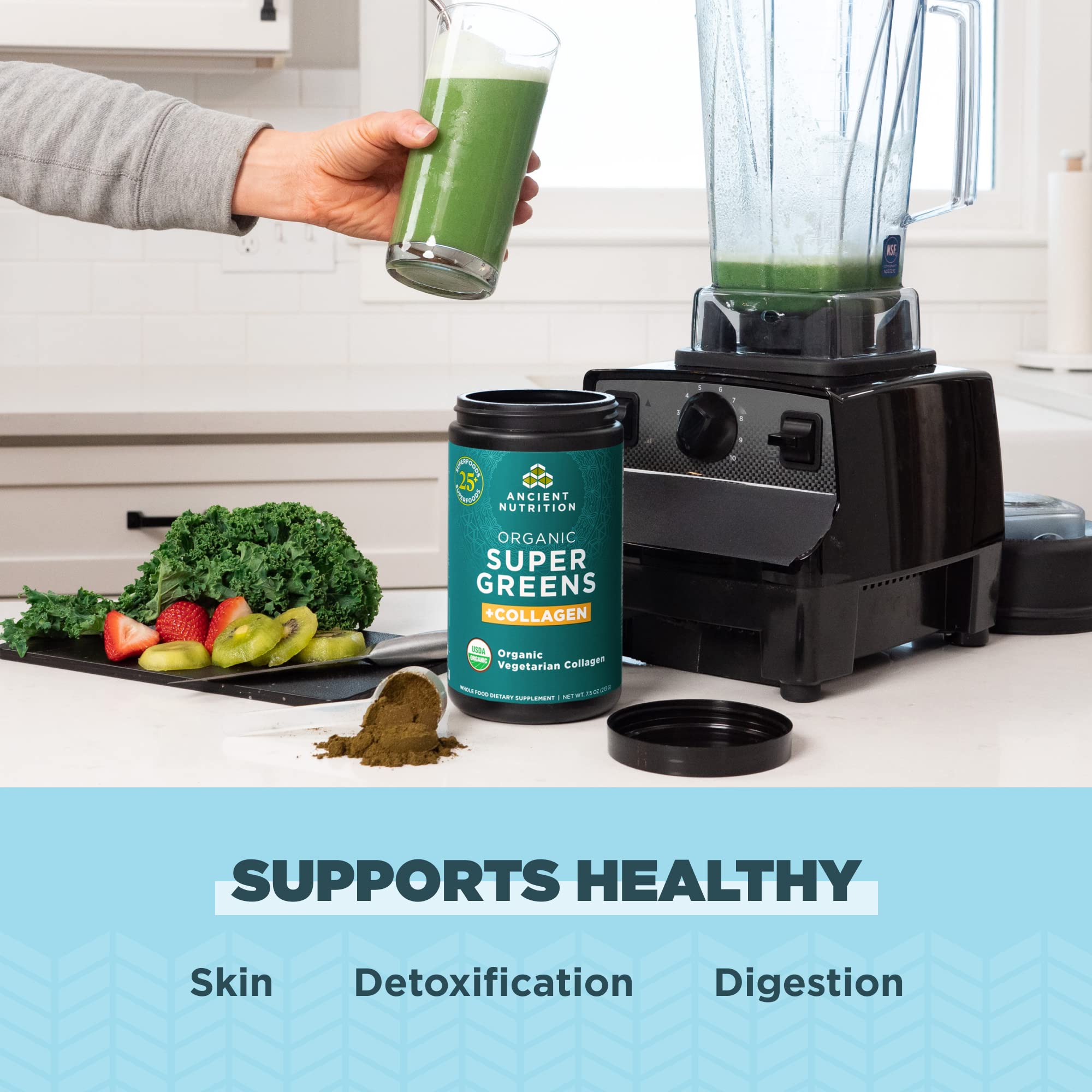 Ancient Nutrition etiqueta abierta resaltando ingredientes orgánicos y probióticos