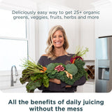 Montaje de frutas, verduras y hierbas orgánicas que componen Ancient Nutrition SuperGreens