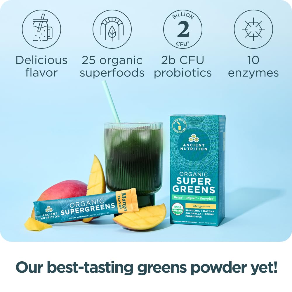 Ancient Nutrition polvo verde textura cercana, mezcla rica en nutrientes