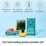 Ancient Nutrition polvo verde textura cercana, mezcla rica en nutrientes