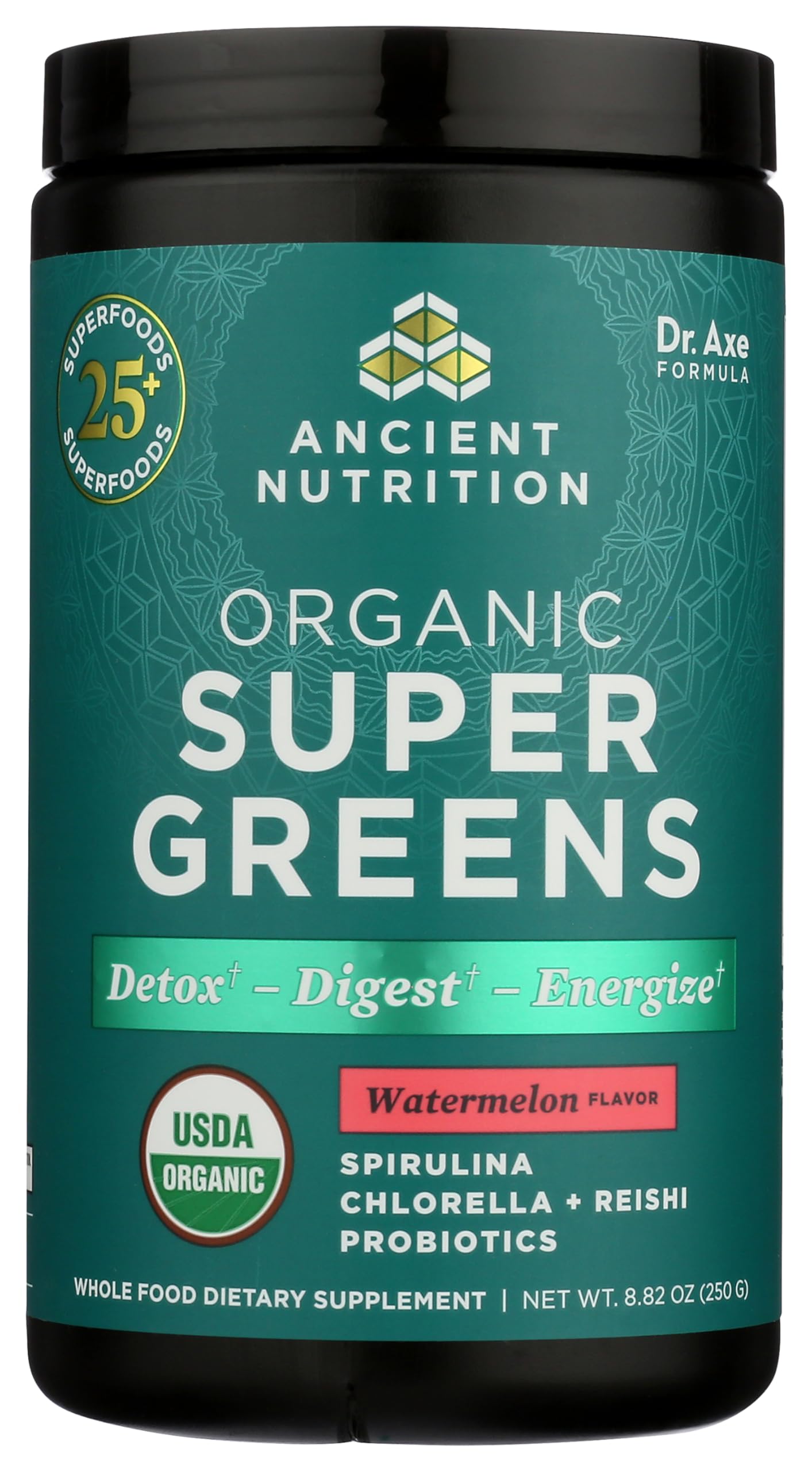 Ancient Nutrition tarro frontal SuperGreens sabor sandía, muestra práctico consumo diario