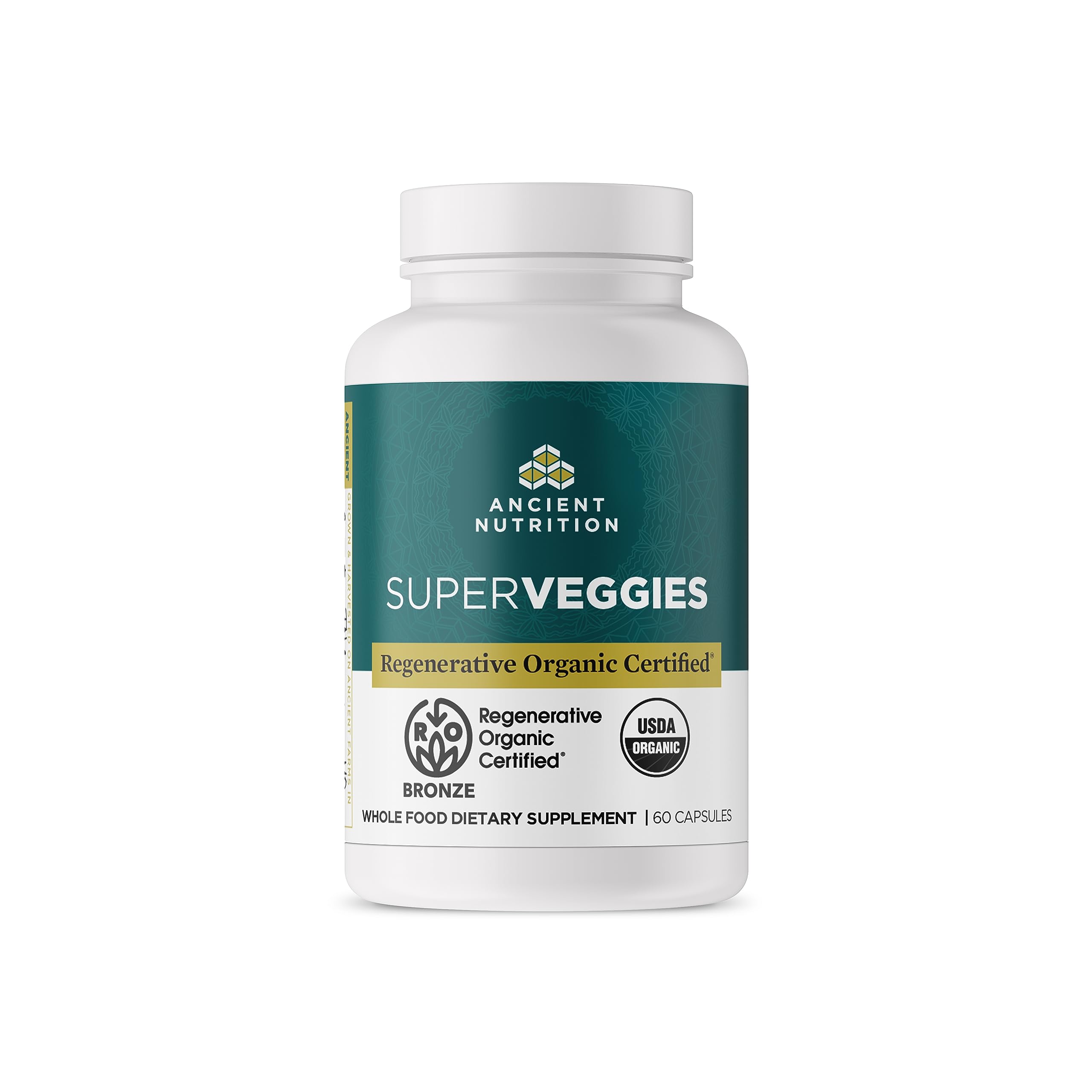 Ancient Nutrition frasco SuperVeggies frente mostrando marca y beneficio vegetal