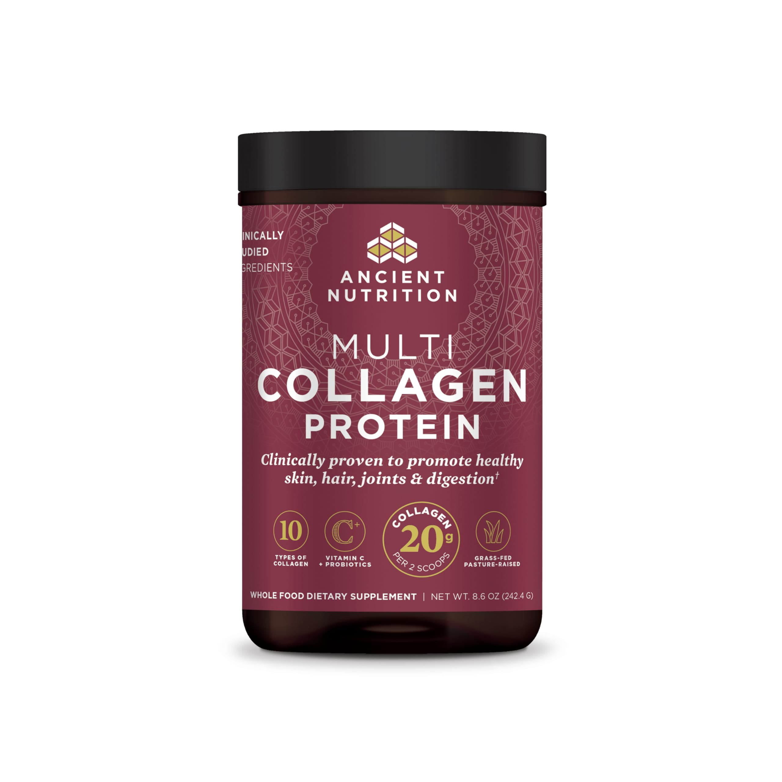 Ancient Nutrition tarro frontal mostrando envase y porciones beneficios
