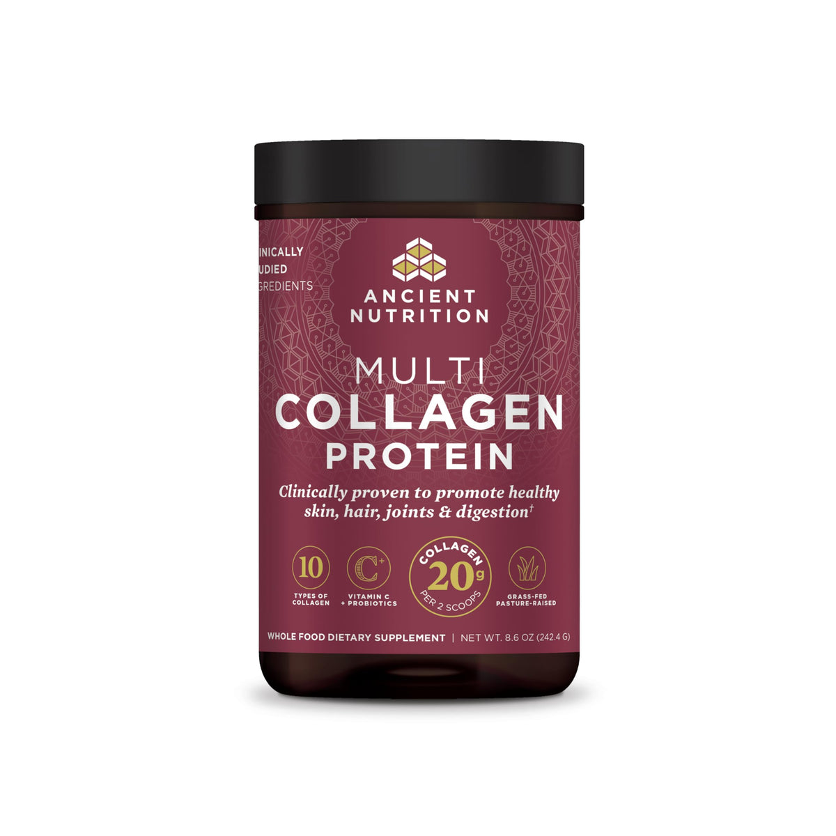 Ancient Nutrition tarro frontal mostrando envase y porciones beneficios