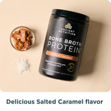 Ancient Nutrition taza con bebida caliente sabor caramelo, consumo reconfortante
