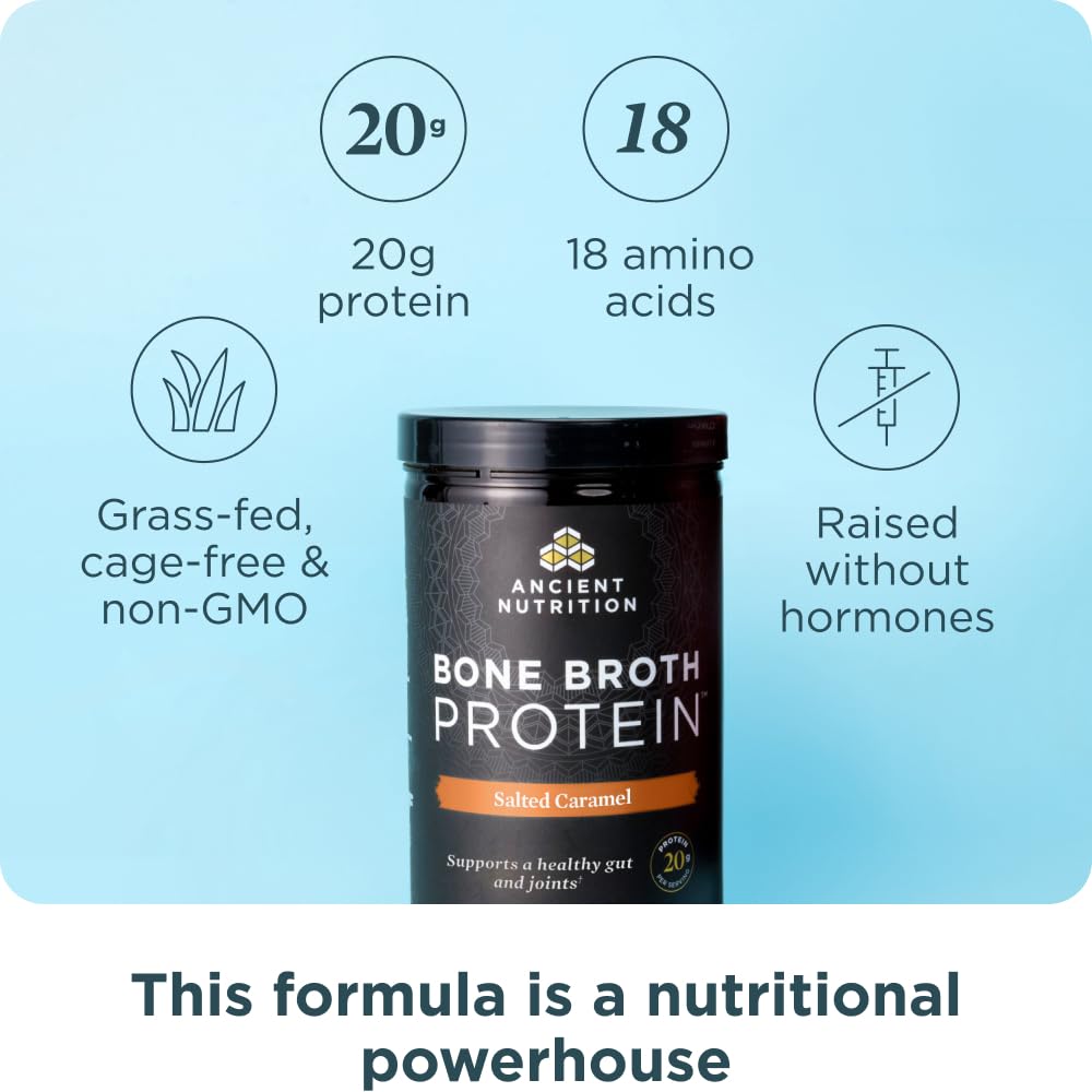 Ancient Nutrition textura del polvo sabor caramelo salado, mezcla fácil