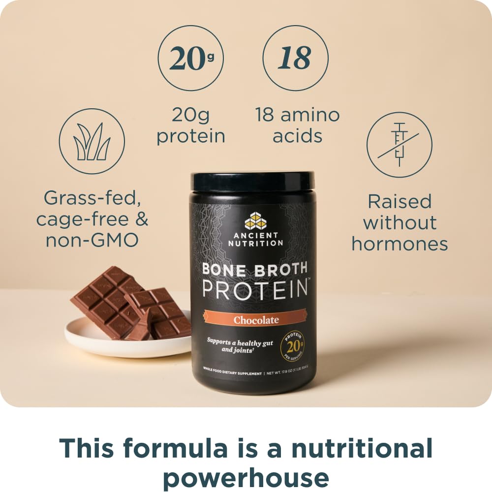 Ancient Nutrition textura del polvo cercano para mezclar fácilmente