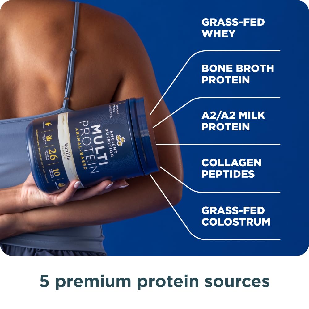 Ancient Nutrition textura del polvo en primer plano, disolución fácil y sabor vainilla