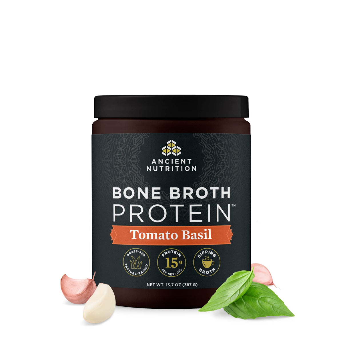 Ancient Nutrition frontal del envase mostrando sabor Tomato Basil y 15 porciones
