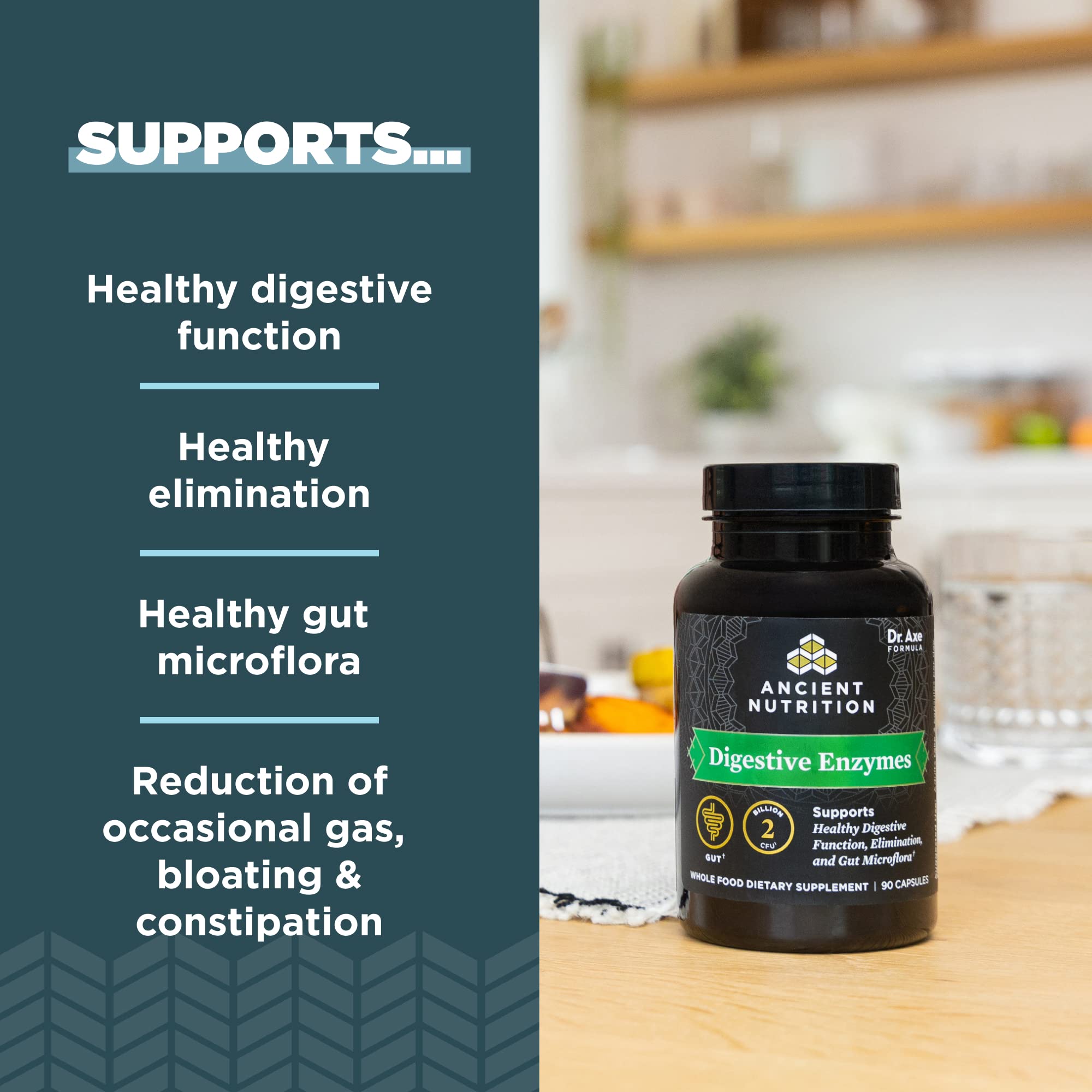 Ancient Nutrition en uso junto a una comida abundante para mejorar la digestión