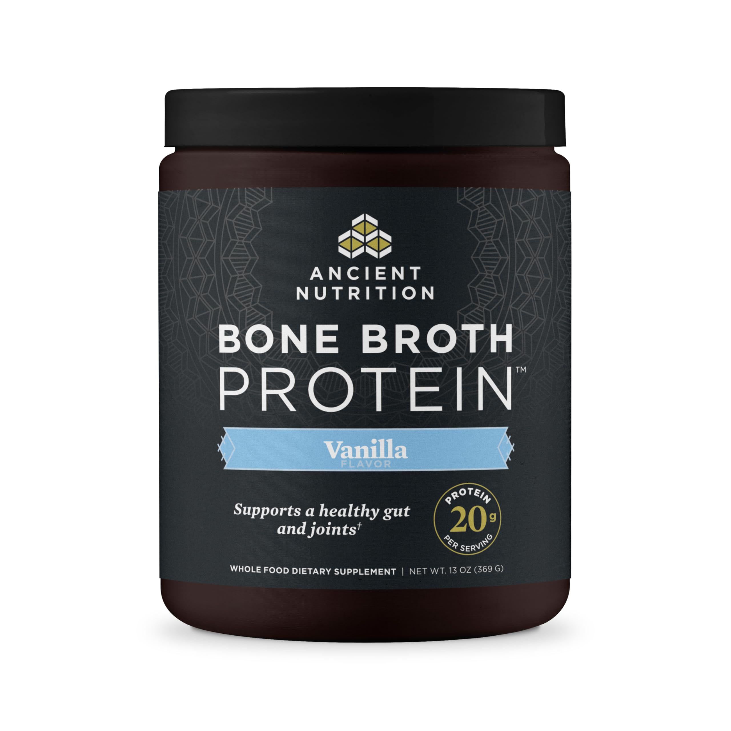 Ancient Nutrition frontal del envase mostrando sabor Vainilla y beneficios