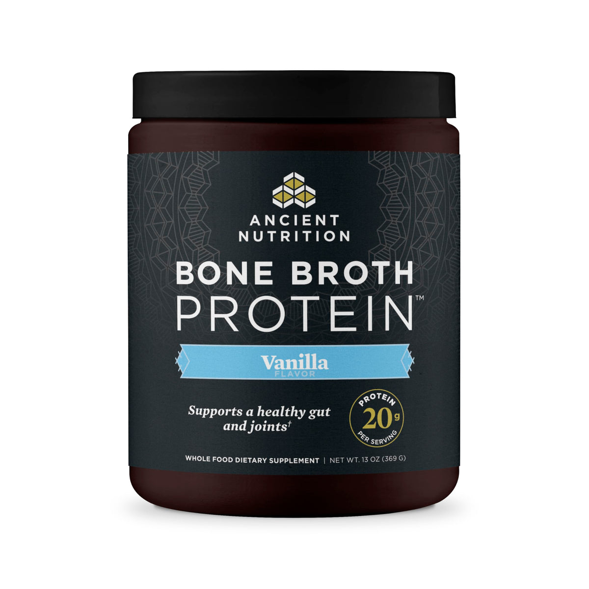 Ancient Nutrition frontal del envase mostrando sabor Vainilla y beneficios