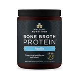 Ancient Nutrition frontal del envase mostrando sabor Vainilla y beneficios
