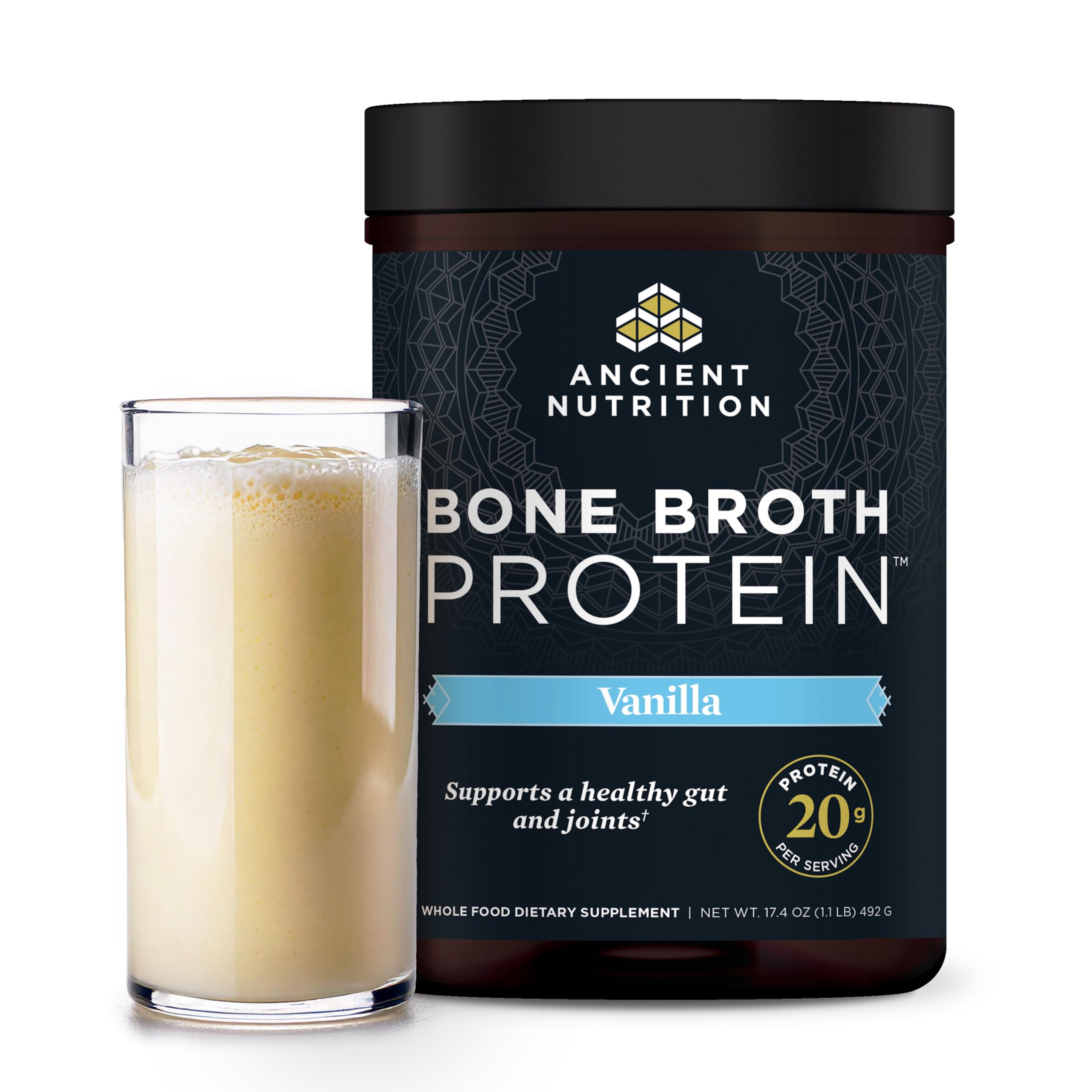Ancient Nutrition envase frontal Vainilla mostrando etiqueta y beneficios