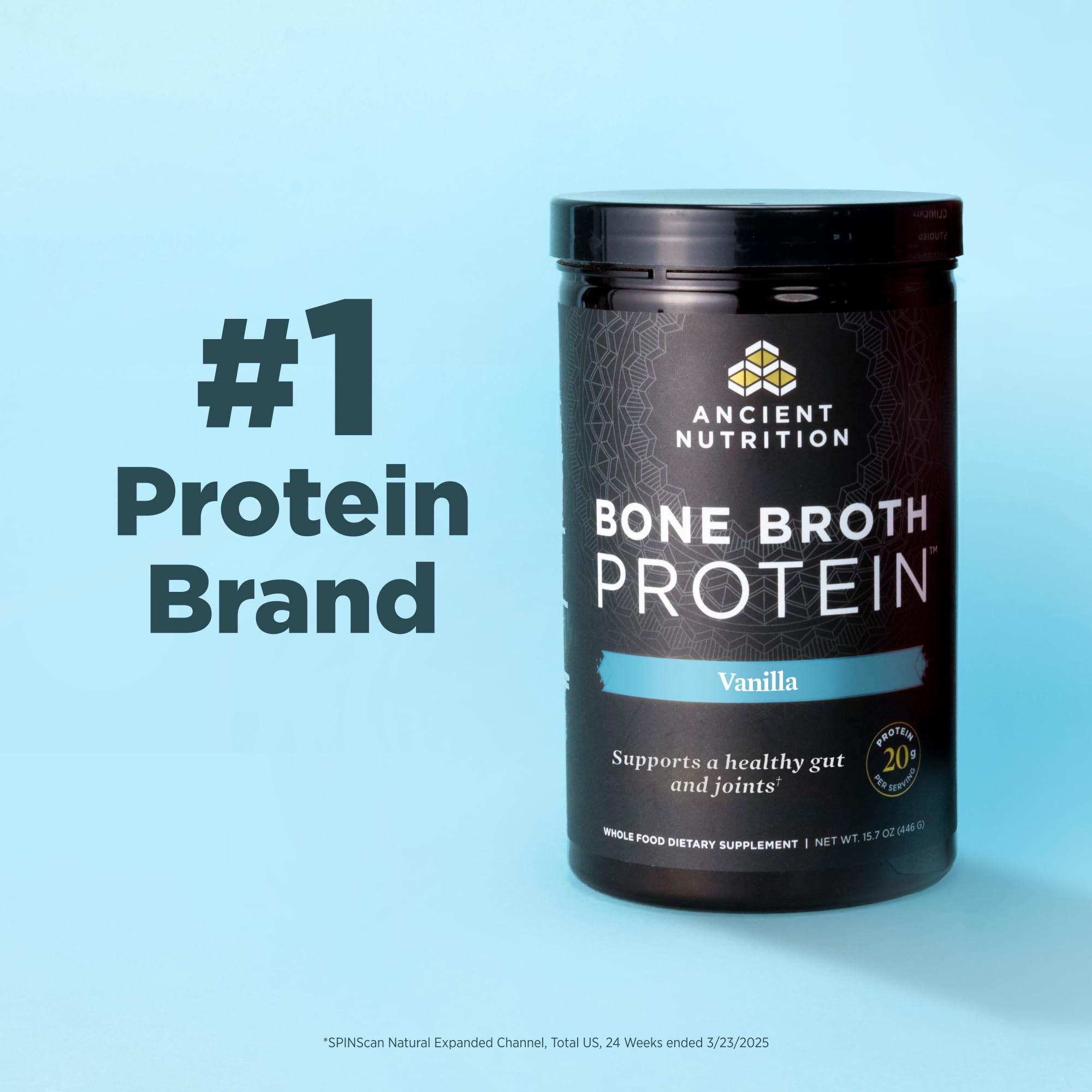 Ancient Nutrition vaso preparado con bebida de vainilla, nutritivo y reconfortante