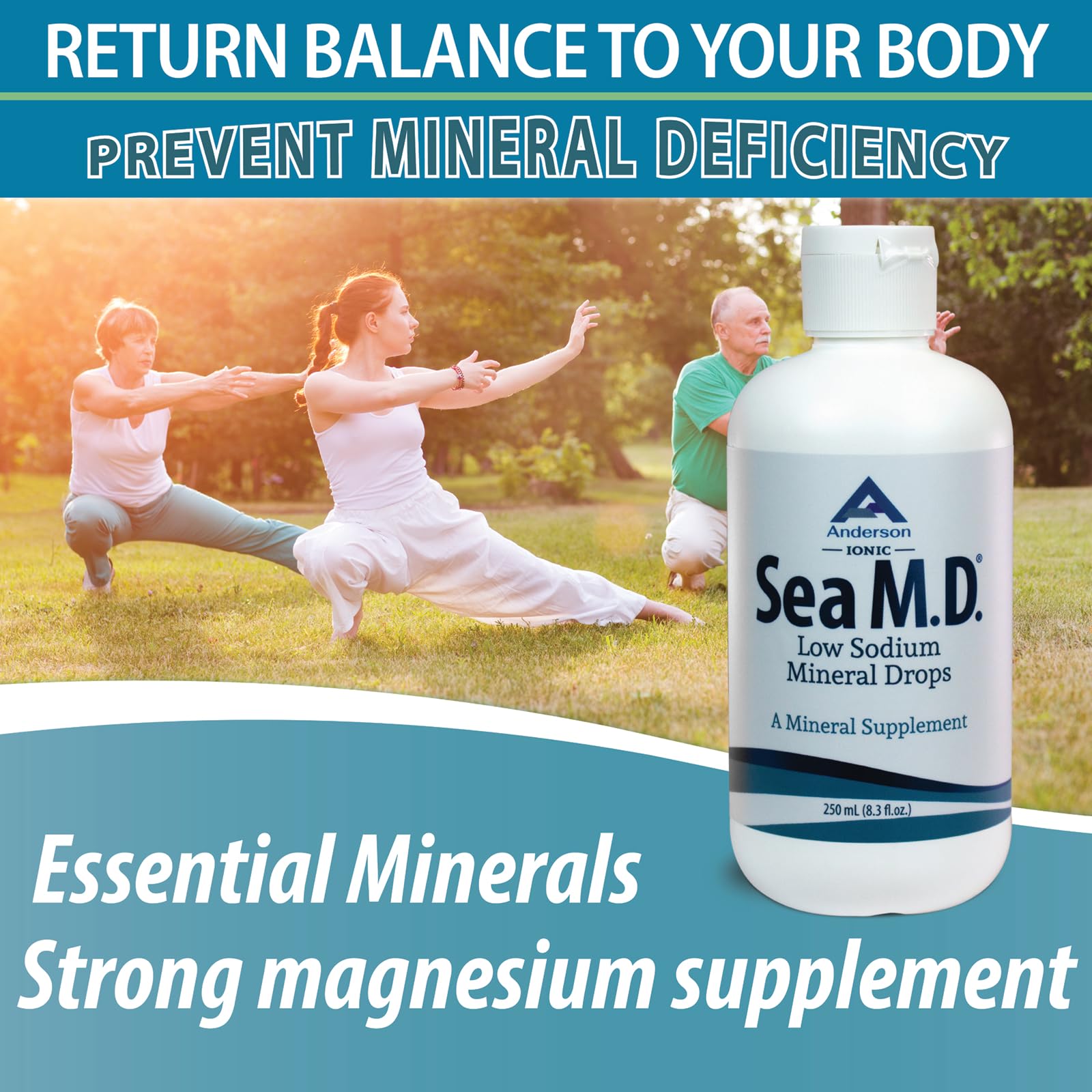 Anderson Sea M.D. en uso con botella reutilizable para remineralizar agua