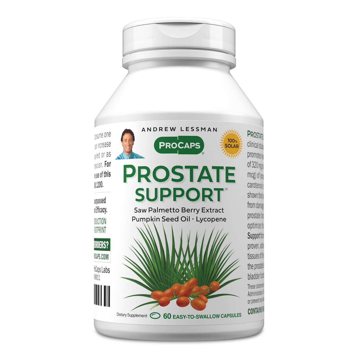 ANDREW LESSMAN envase frontal del suplemento Prostate Support mostrando el diseño claro