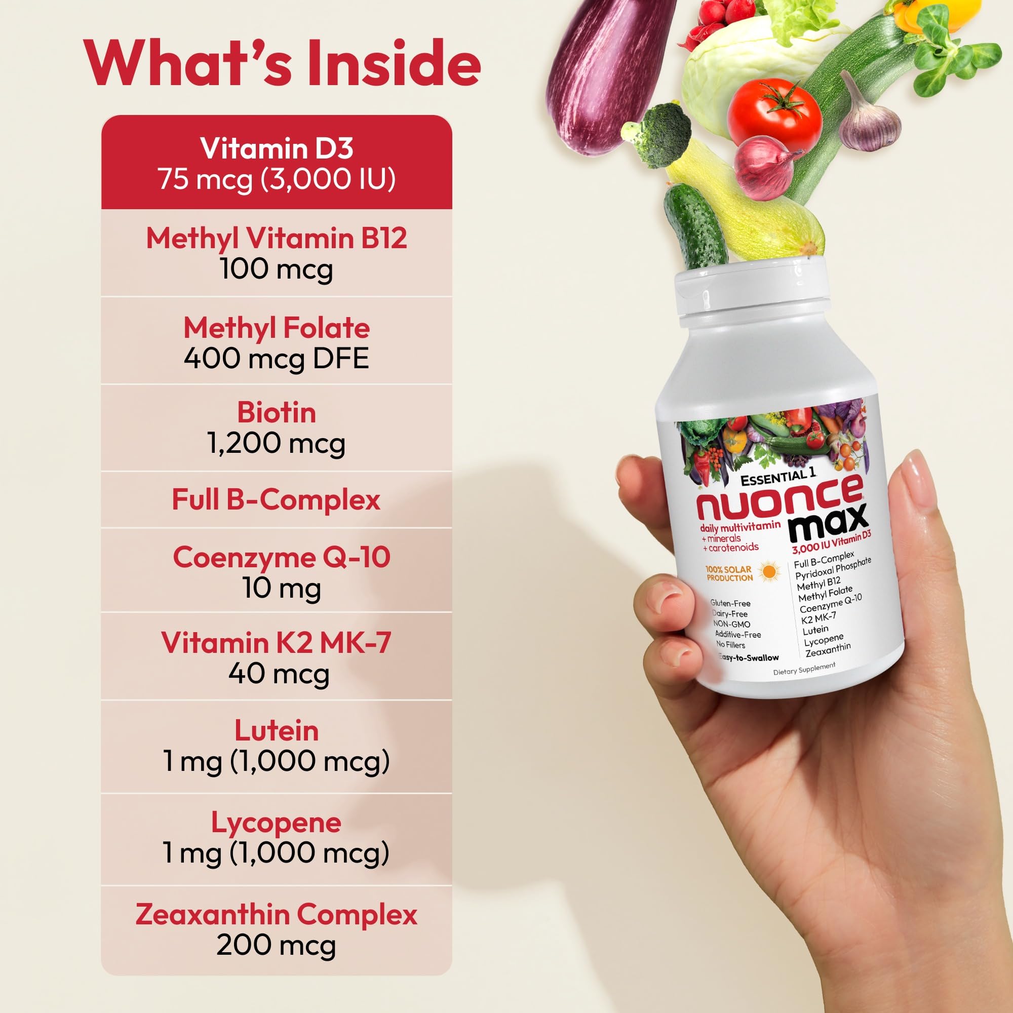 ANDREW LESSMAN etiqueta nutricional destacando dosis de vitamina D3 y B12